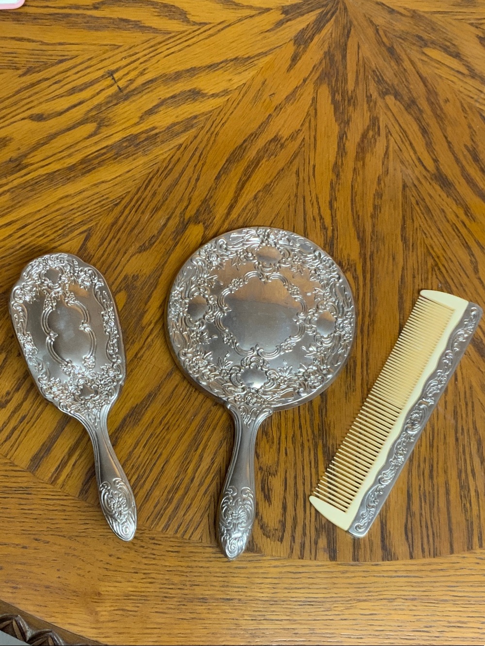 Vintage Silver-Tone Ornate Hand Mirror, Brush & Comb Set - Silver
